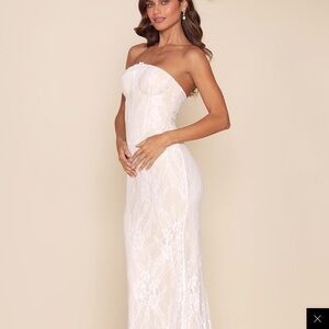 Lulus Valeria White Lace Strapless Bustier Maxi Dress